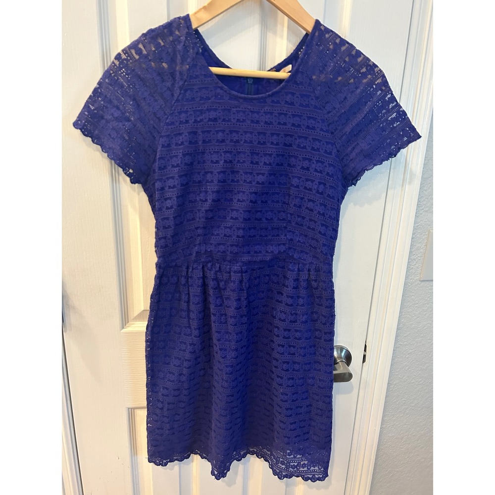 Free People Royal Blue Lace Mini Dress Short Sleeve Scalloped Hem Size 2